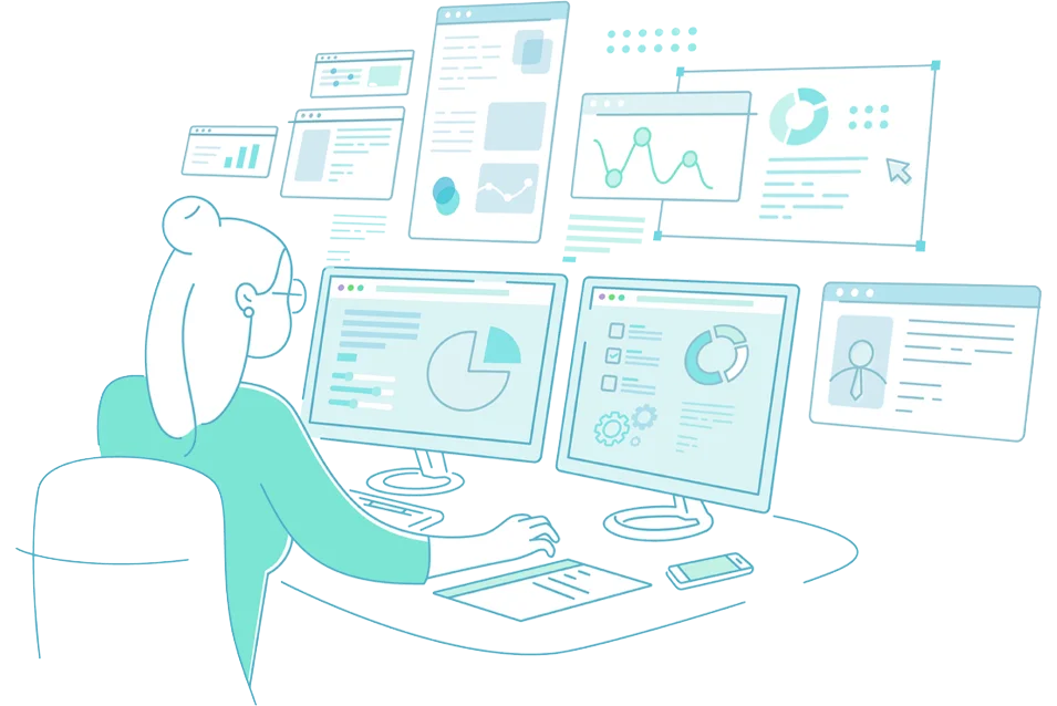 Portfolio hero image. Illustration of a woman at a desk with loads of screens floating around in front of her